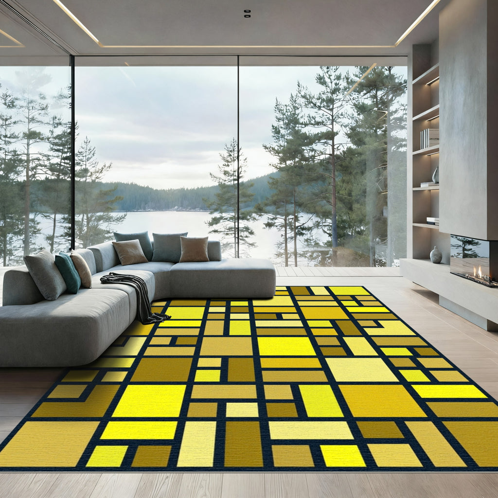 Golden Geometric Abstract Block Grid Rug