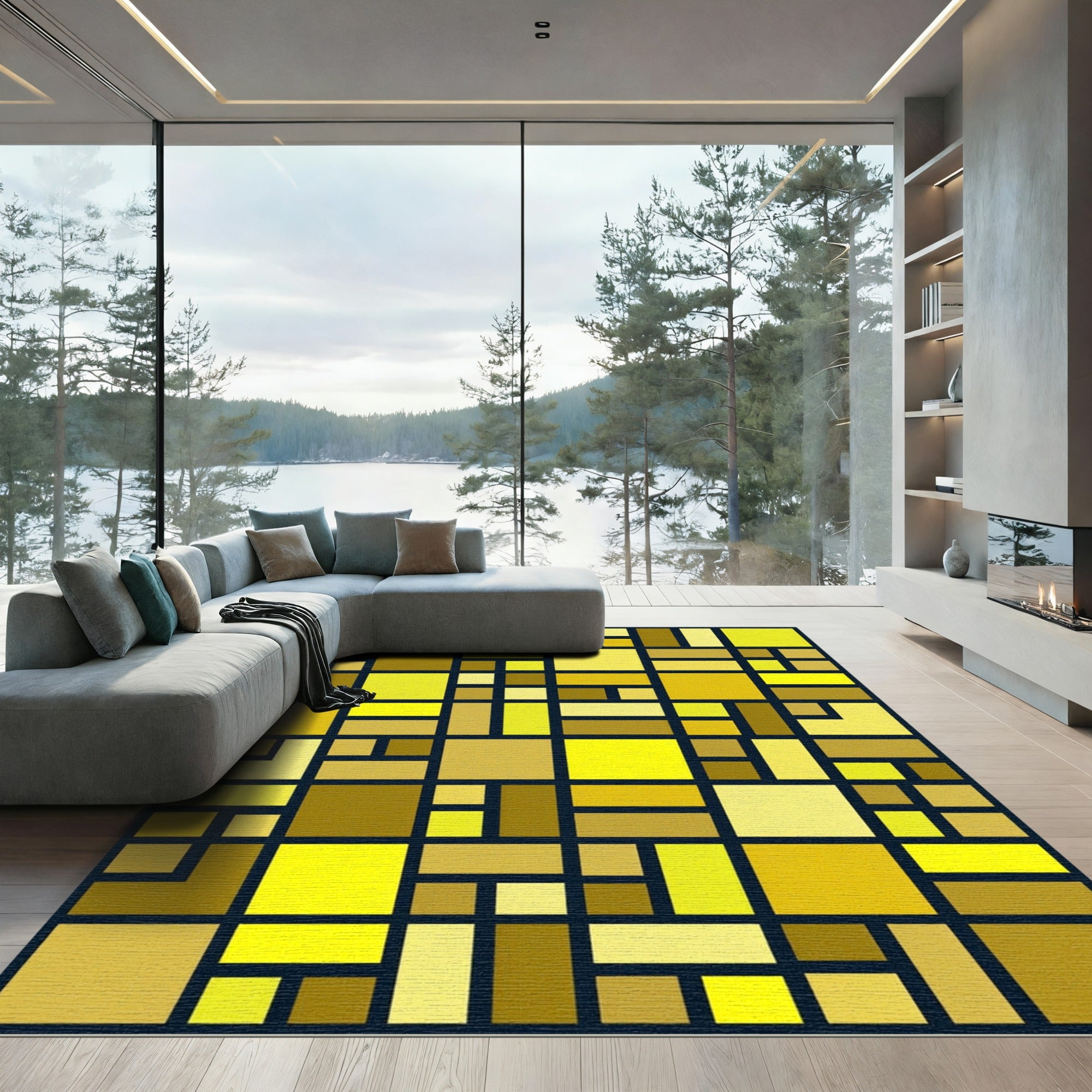 Golden Geometric Abstract Block Grid Rug