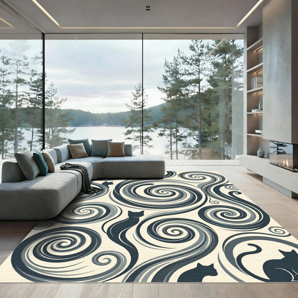 Gray Swirls Silhouettes Cats Rug