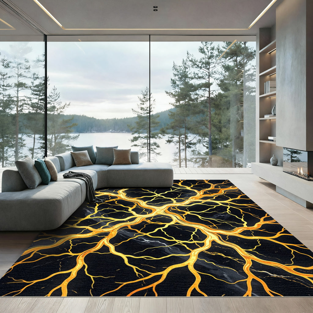 Golden Veins Black Marble Branch Rug