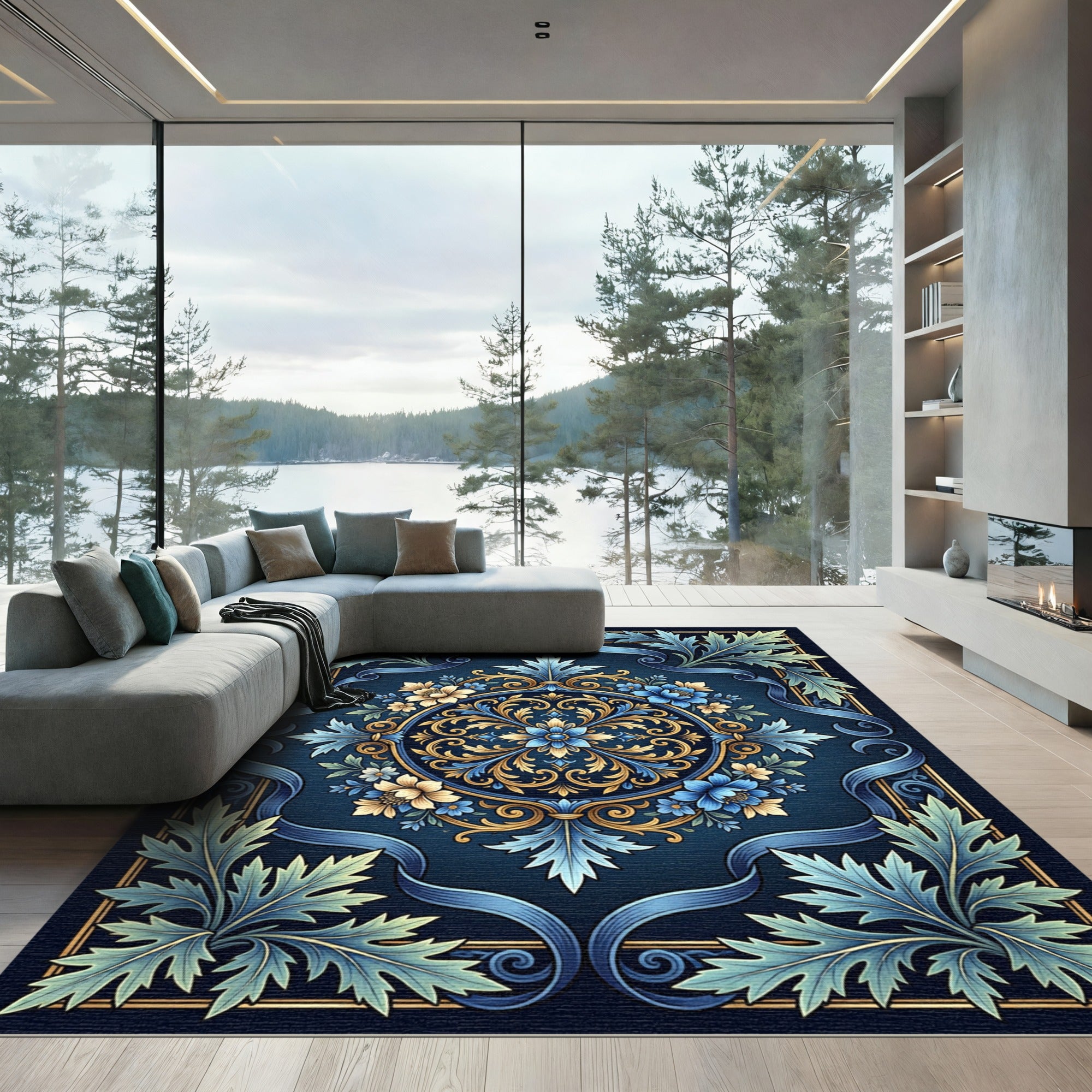 Intricate Blue Gold Floral Medallion Rug