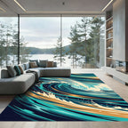 Abstract Teal And Golden Ocean Wave Rug