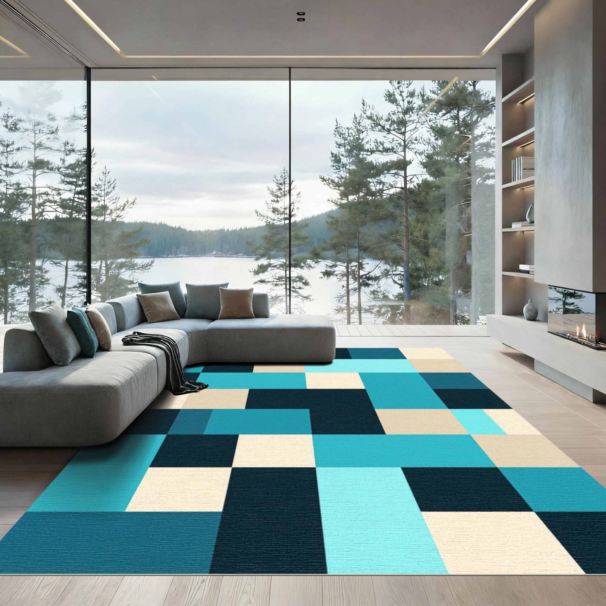 Aqua Blue Geometric Block Rug