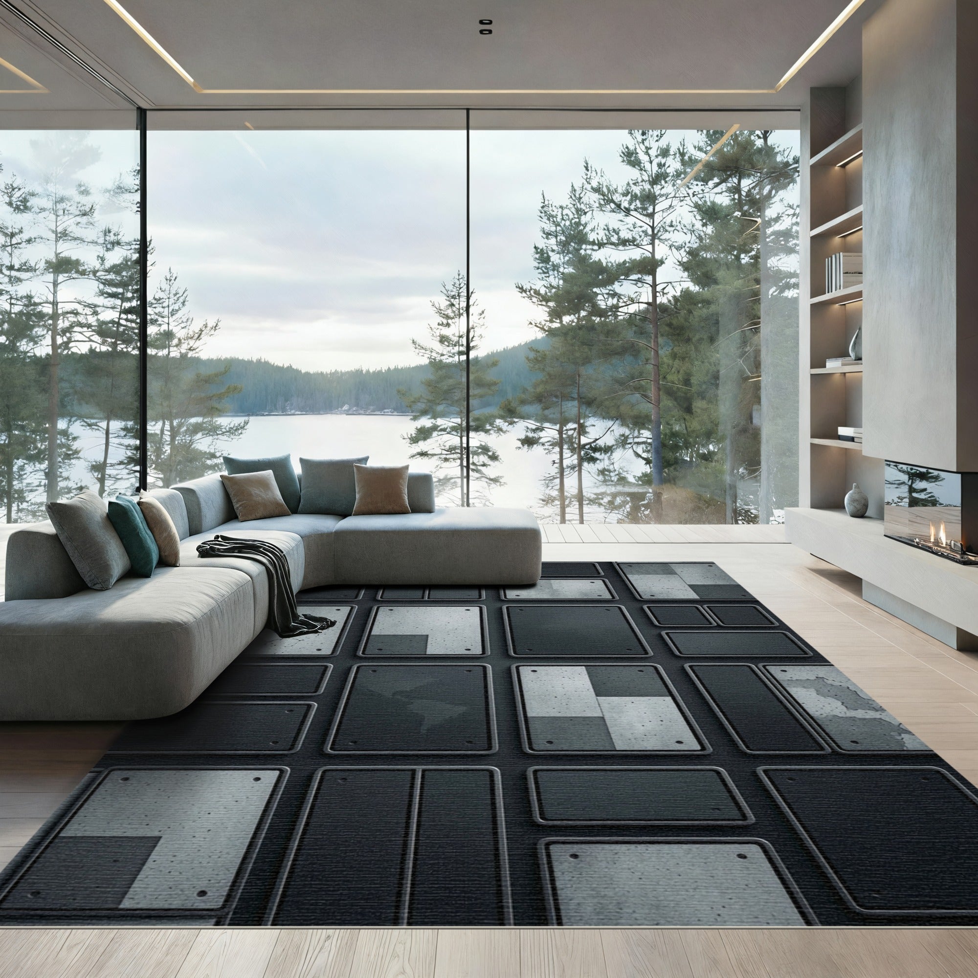 Gray Concrete Panel Grid Rug