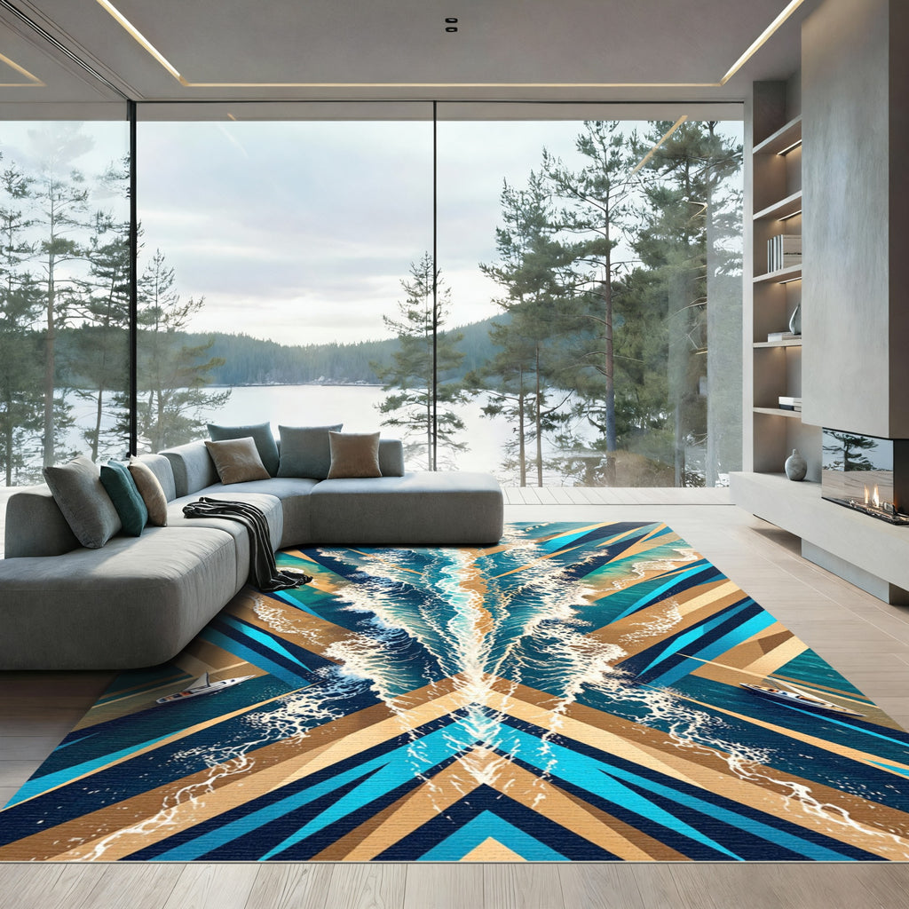 Abstract Nautical Blue and Gold Wave Rug