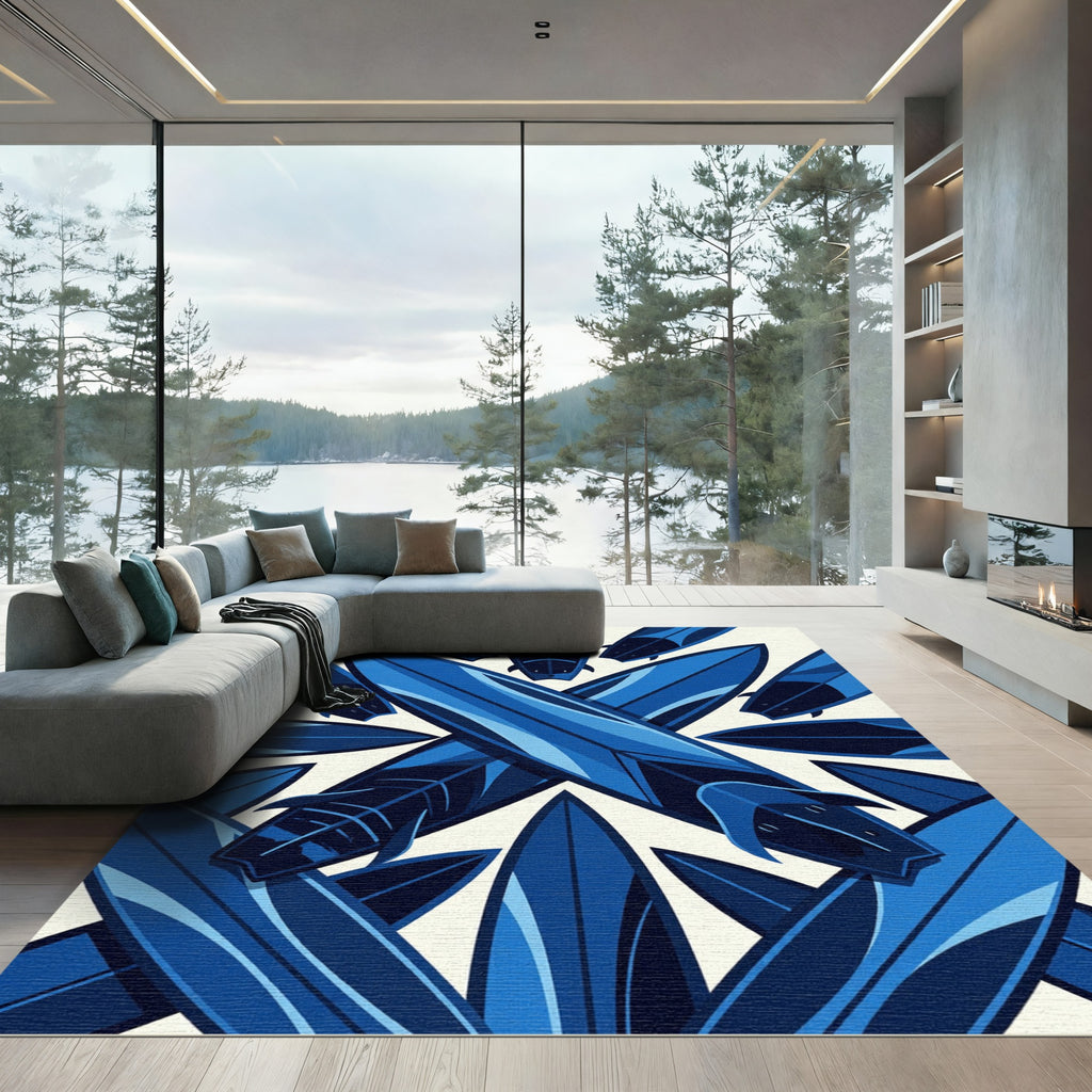 Geometric Cobalt Surfboard Abstract Composition Rug