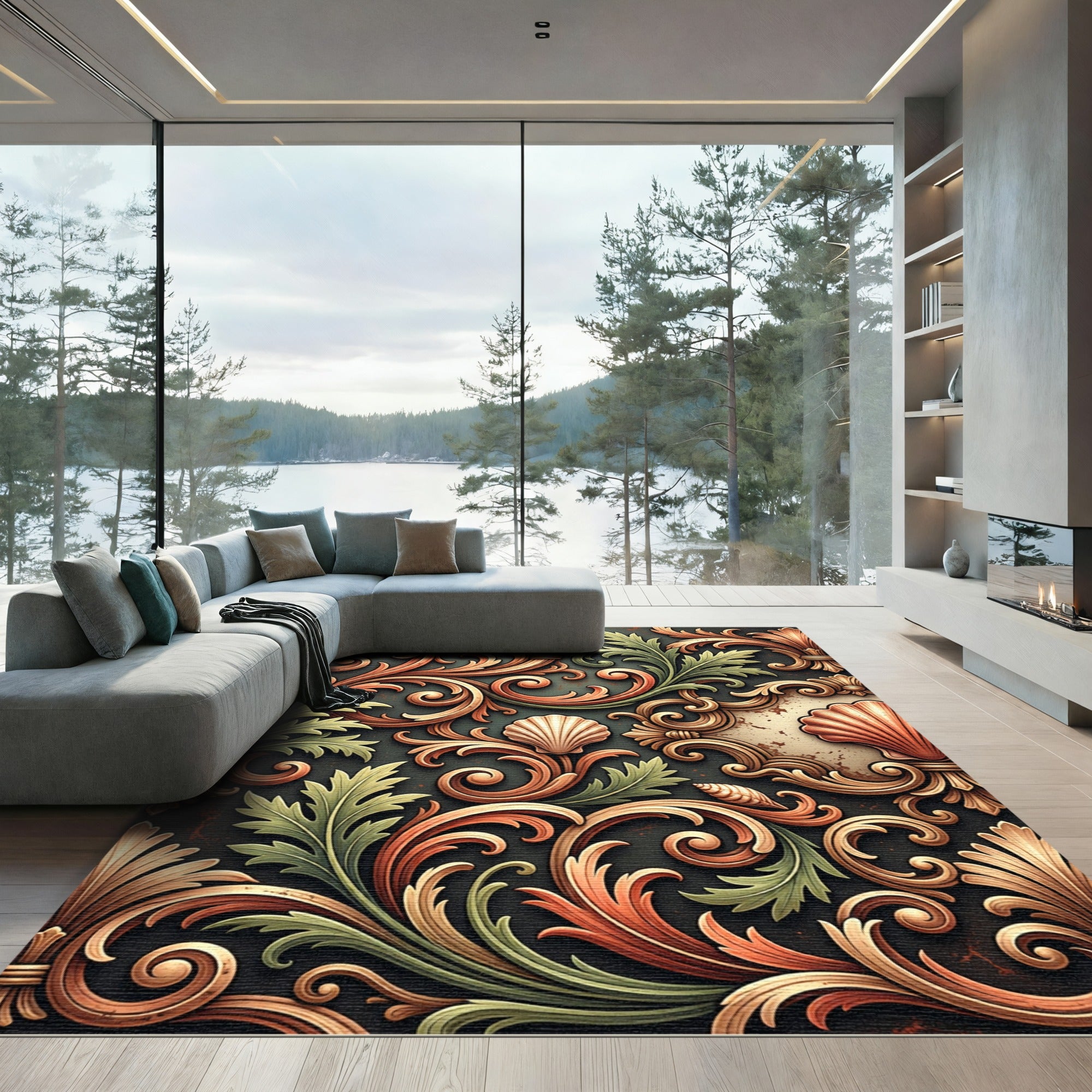 Ornate Gold and Sage Baroque Shell Rug
