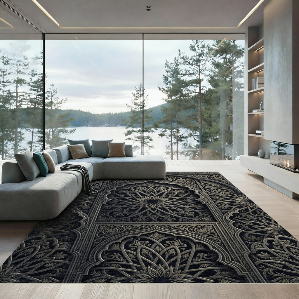 Intricate Charcoal Metallic Medallion Arched Art Rug