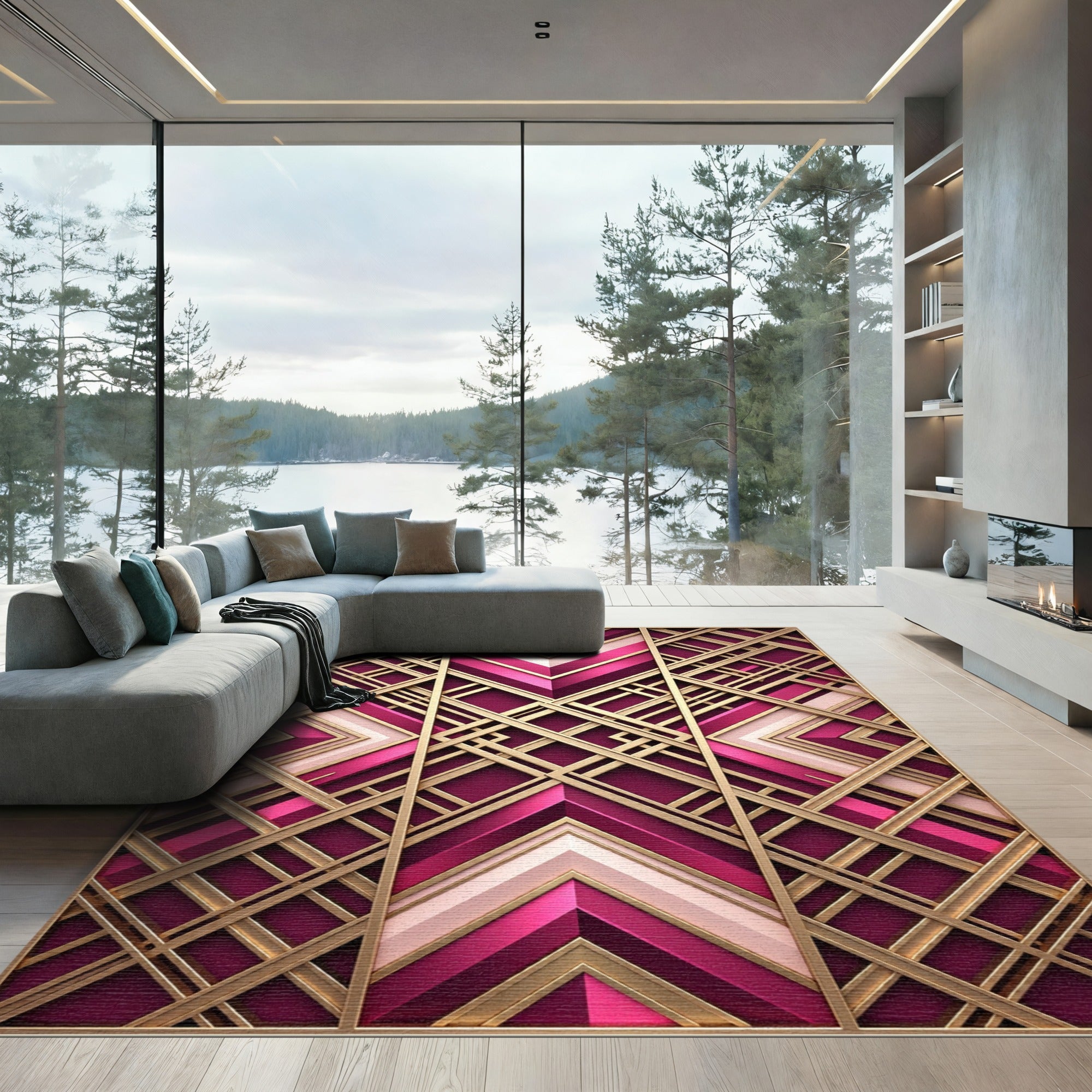 Art Deco Magenta Gold Geometric Statement Rug