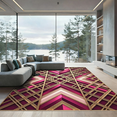 Art Deco Magenta Gold Geometric Statement Rug