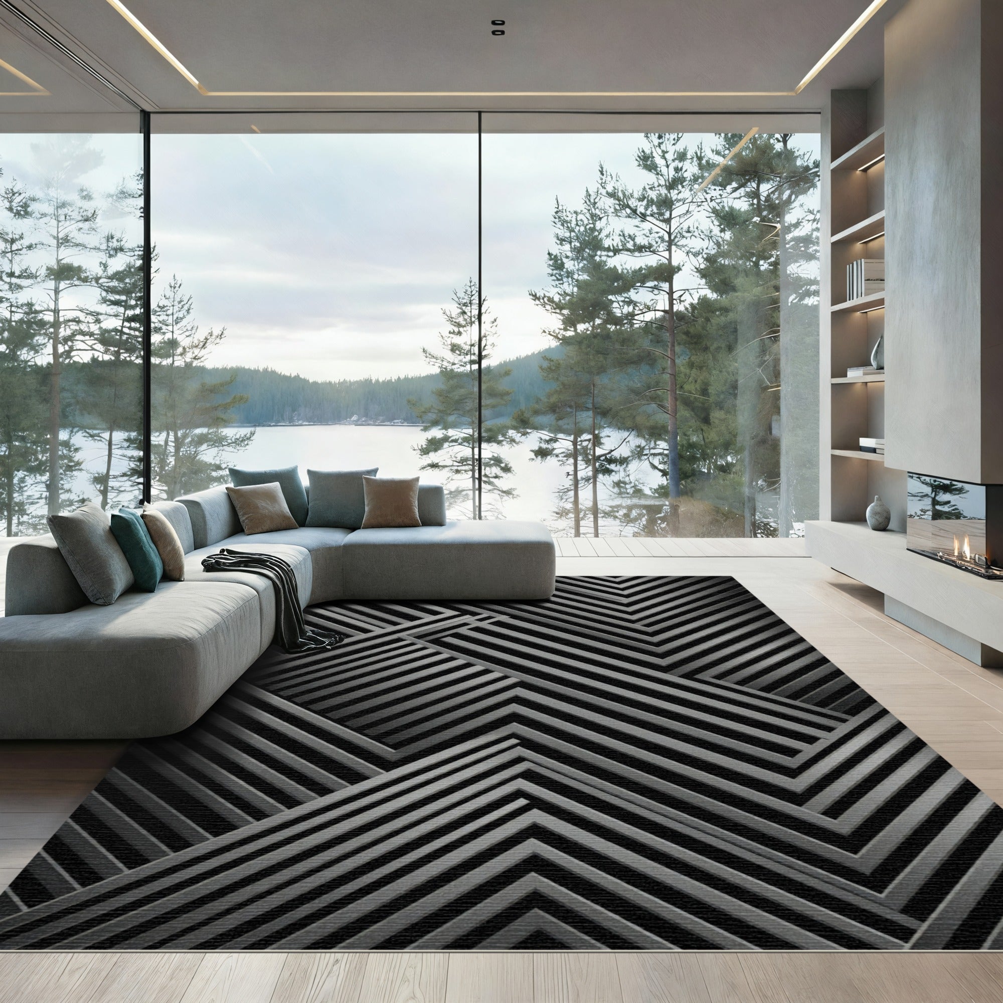 Monochrome Charcoal Inset Chevron Rug
