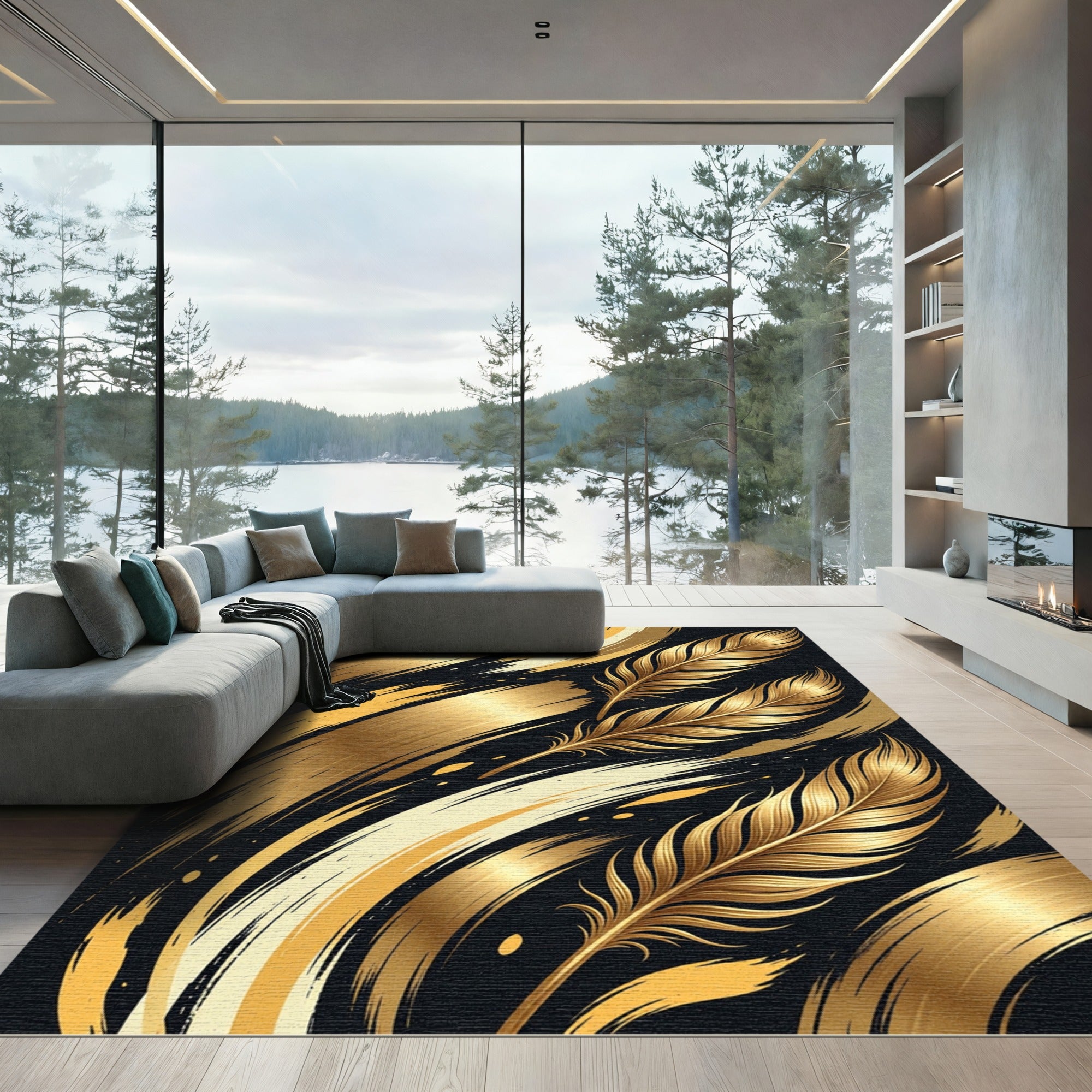 Elegant Golden Feather Abstract Brushstroke Rug