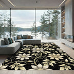 Cream Floral Vine Black Canvas Rug