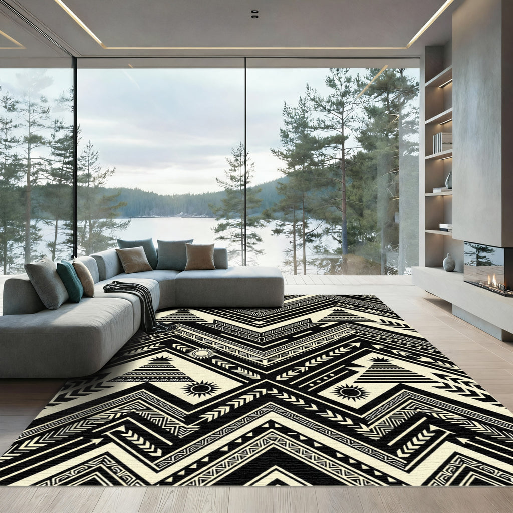 Black Cream Tribal Sun Tipi Zigzag Rug