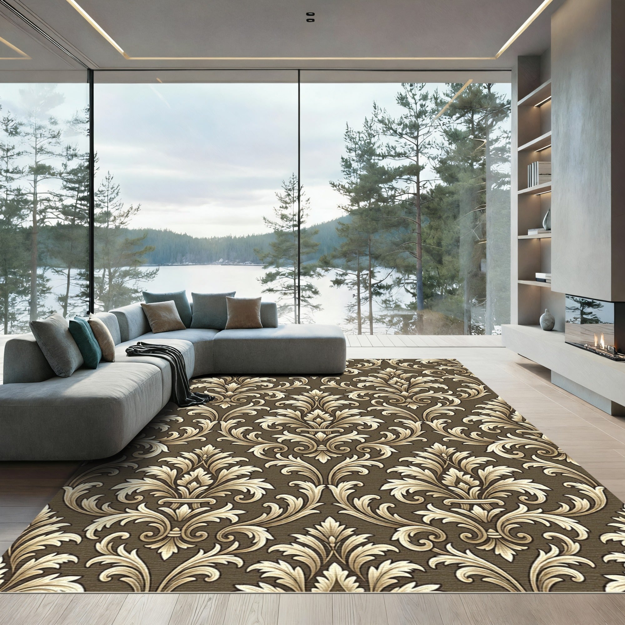 Elegant Gold Damask on Chocolate Brown Rug