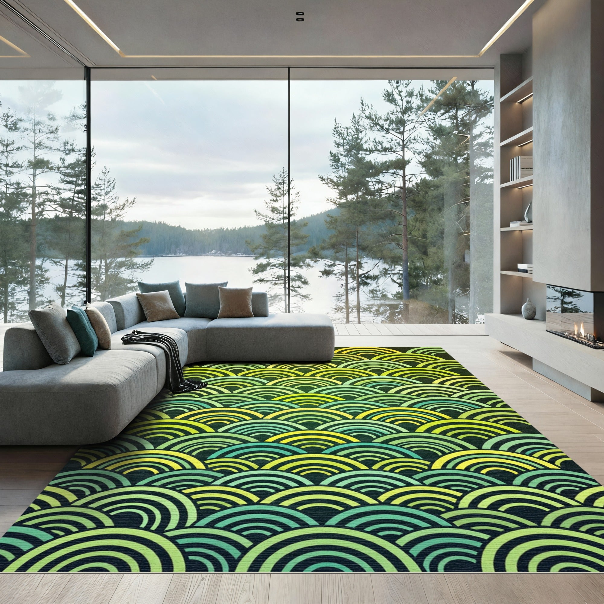 Green Yellow Layered Arc Waves Rug