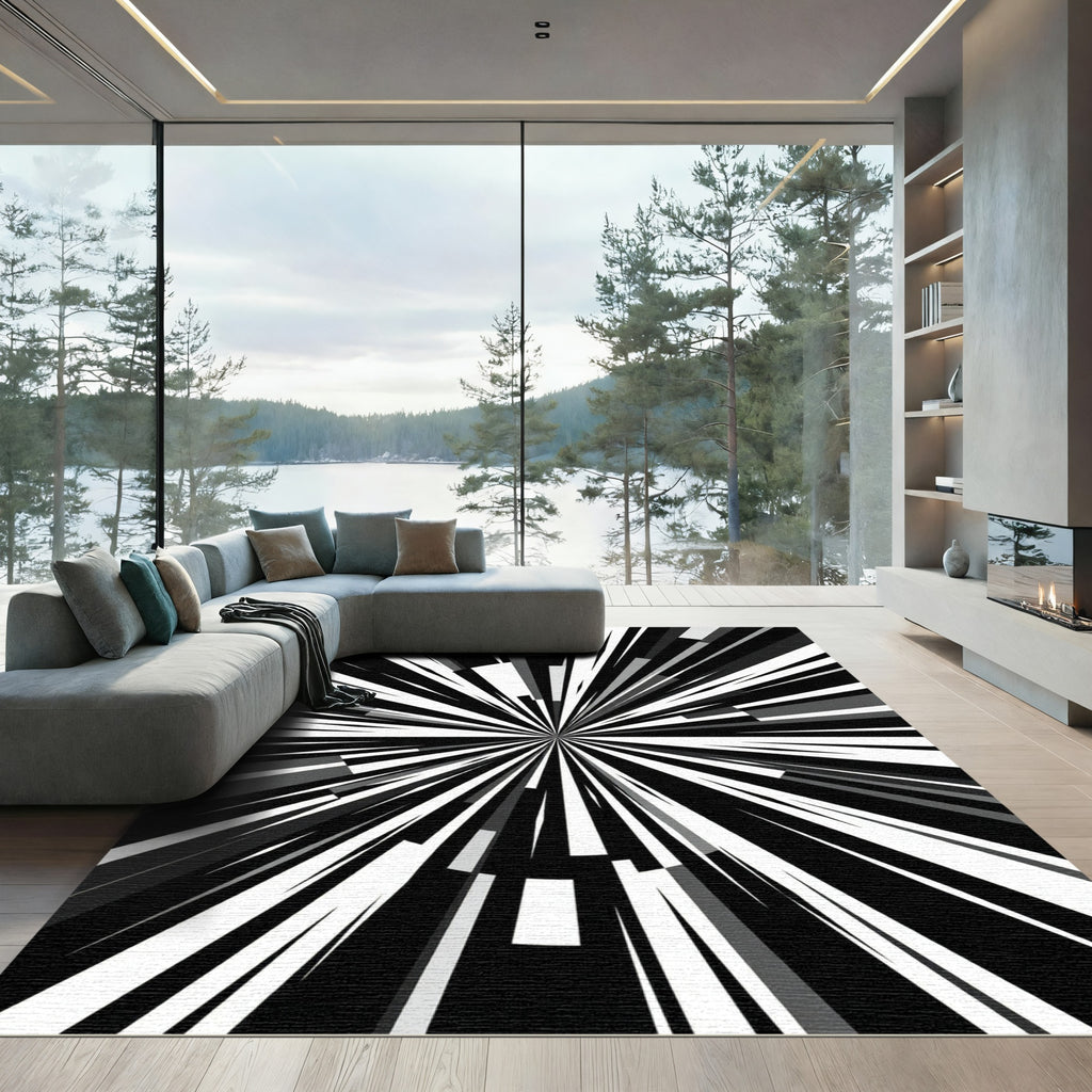 Monochrome Abstract Radial Burst Art Rug