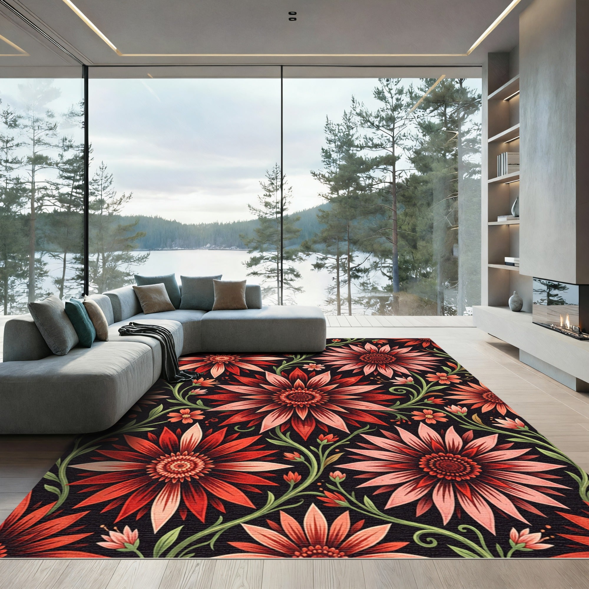 Crimson Coral Floral Vine Art Nouveau Rug
