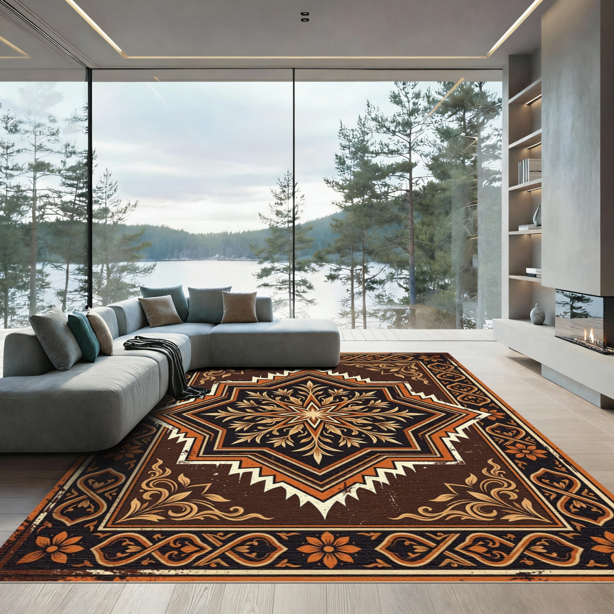 Vintage Brown Gold Floral Medallion Rug