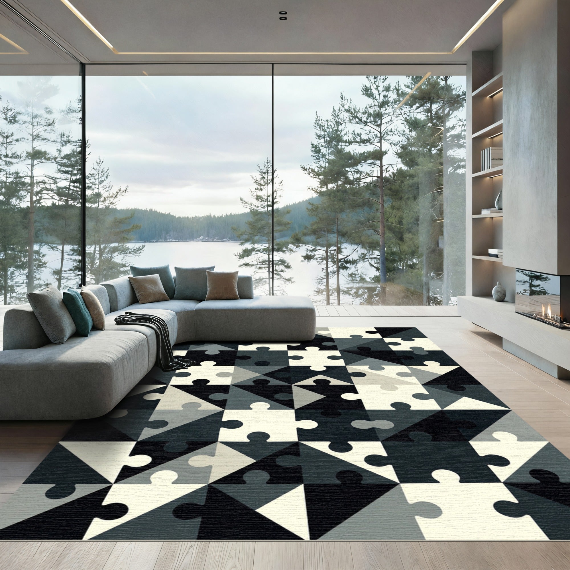 Monochromatic Geometric Jigsaw Puzzle Area Art Rug