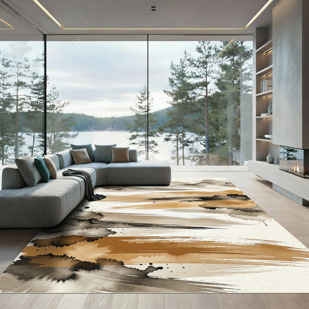 Earthy Golden Ink Brushstroke Abstract Rug