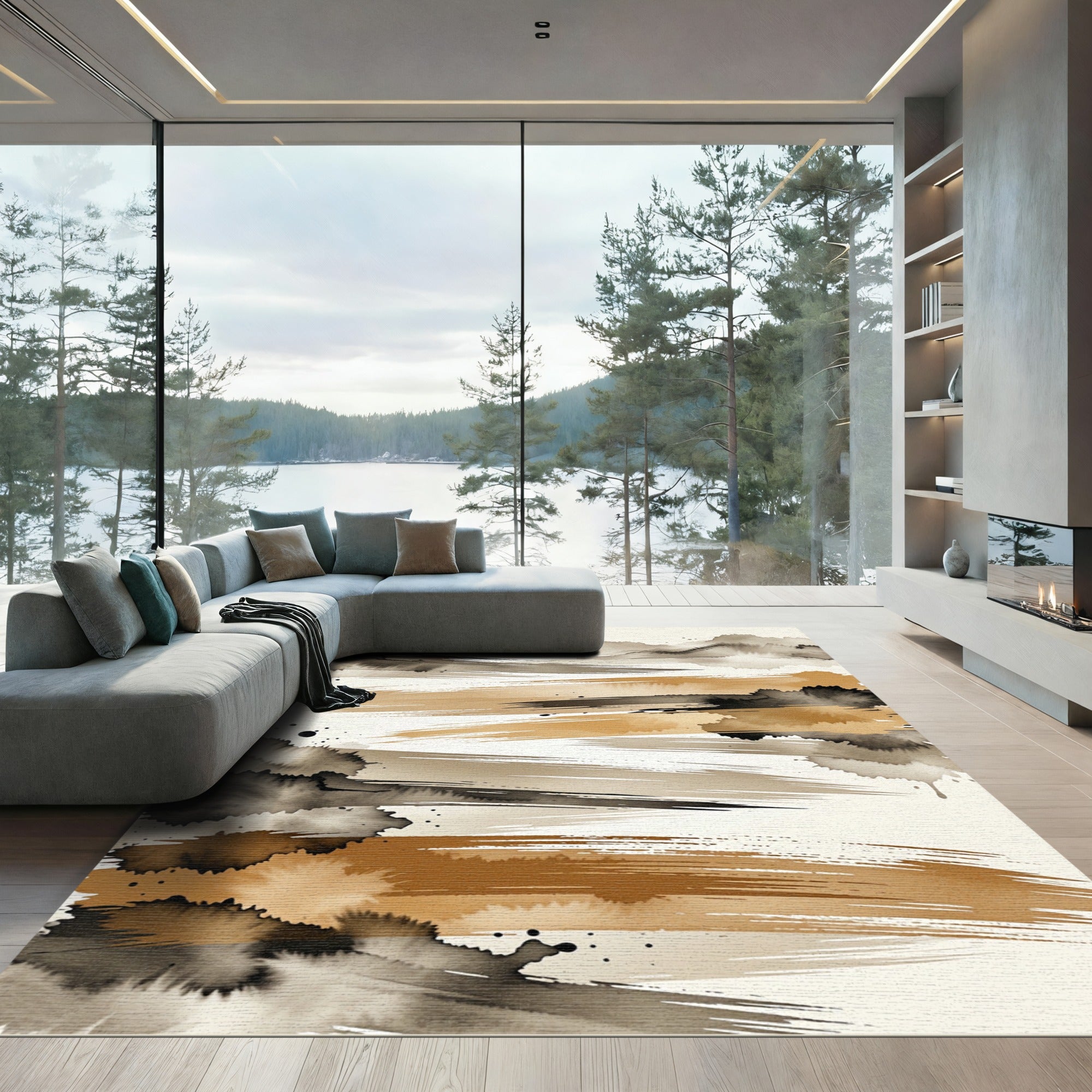 Earthy Golden Ink Brushstroke Abstract Rug