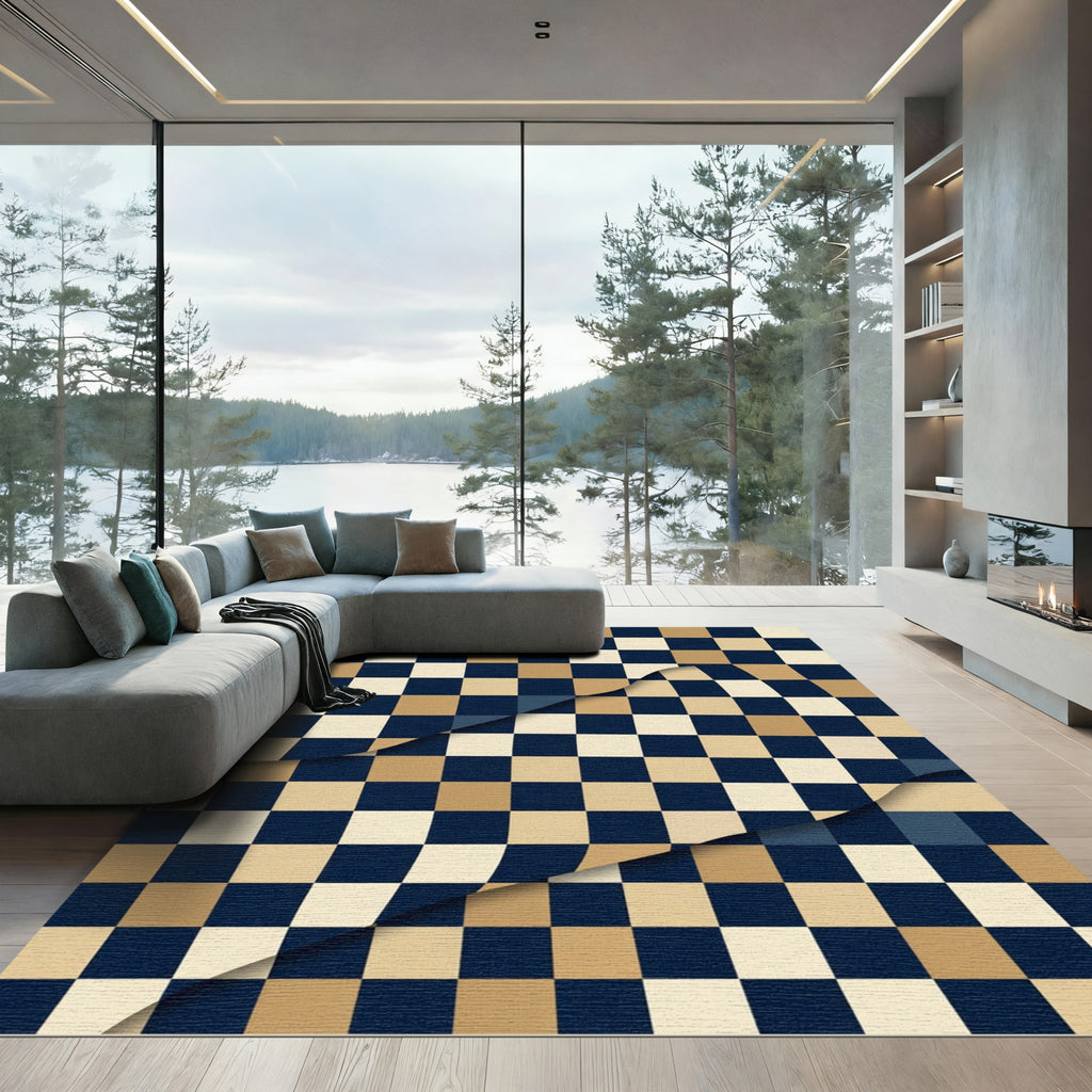 Abstract Navy Cream and Gold Checkerboard Rug