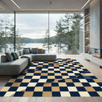 Abstract Navy Cream and Gold Checkerboard Rug