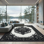Ornate Black and White Scroll Leaf Rug