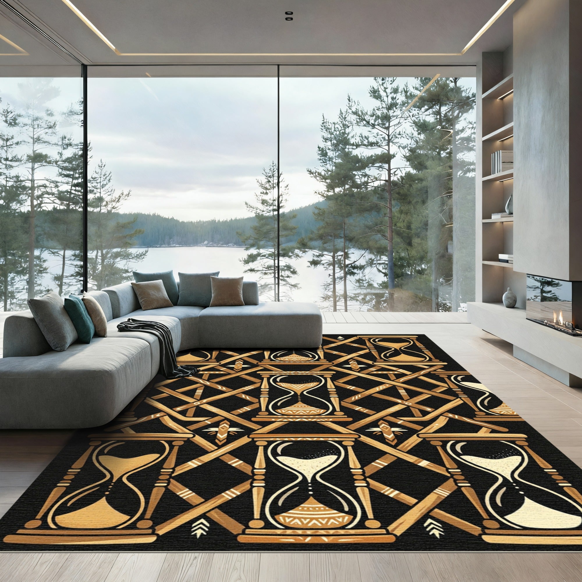 Golden Hourglass Geometric Lattice Art Rug
