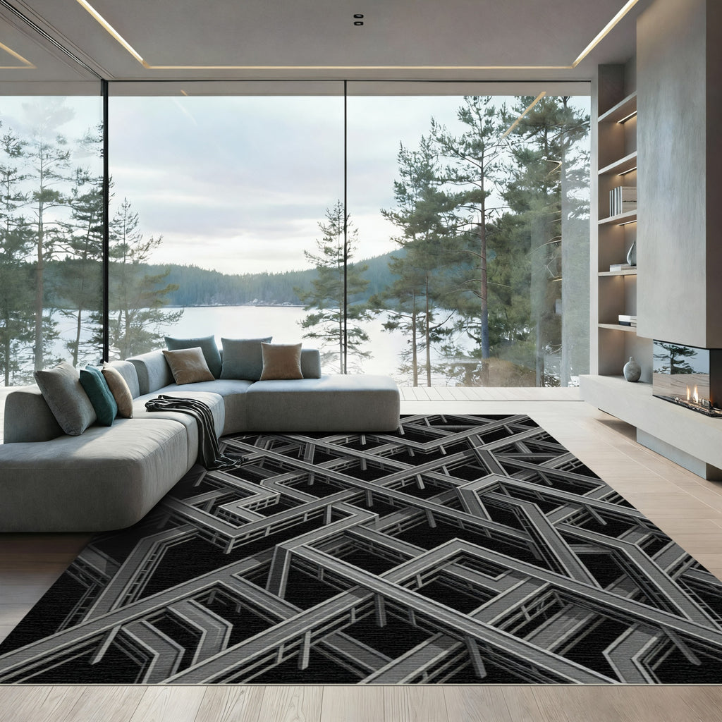 Monochromatic Industrial Steel Architectural Geometric Rug