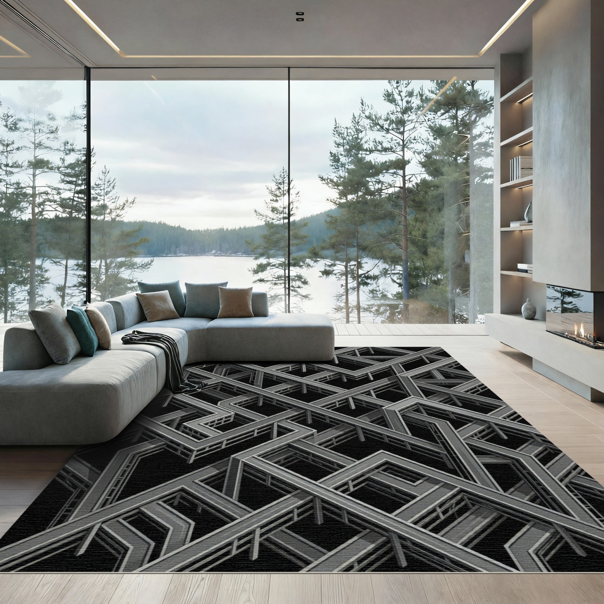 Monochromatic Industrial Steel Architectural Geometric Rug