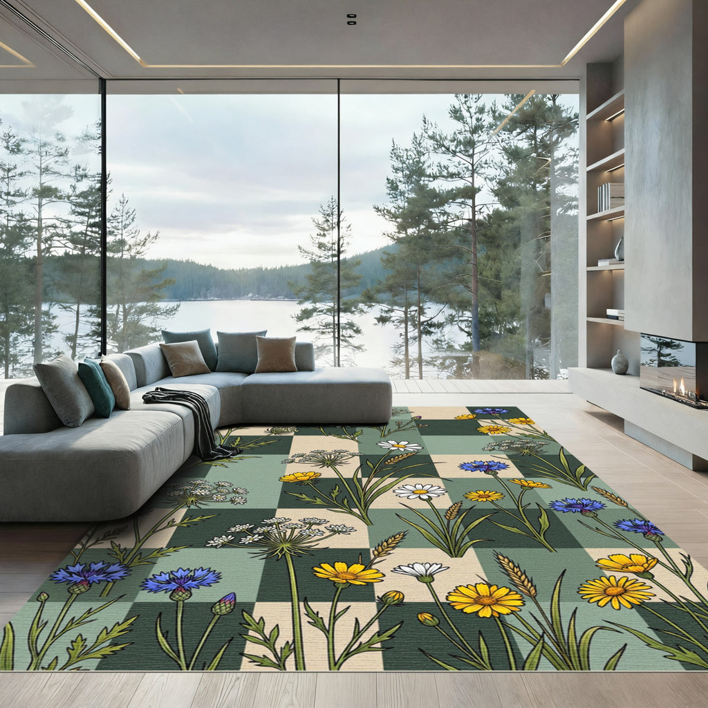 Field Flowers Checkerboard Botanical Composition Rug
