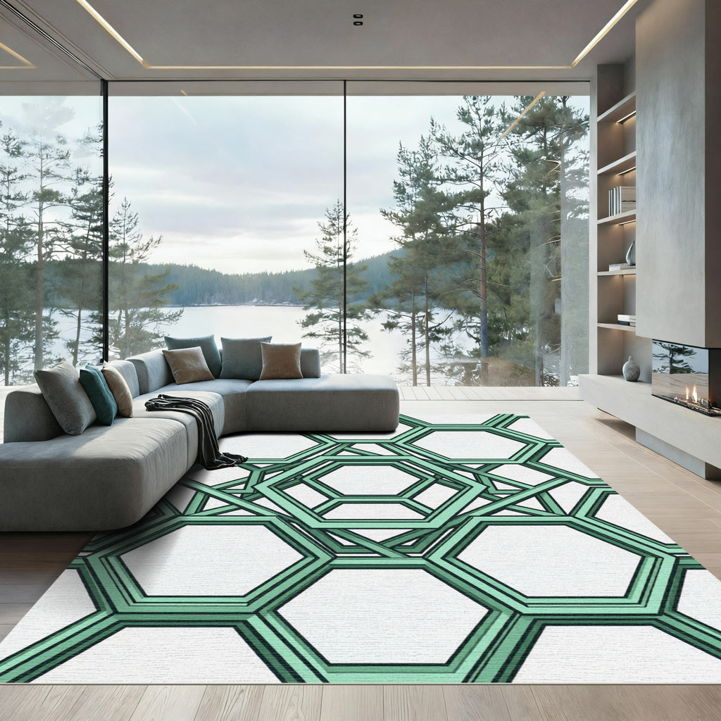 Geometric Mint Hexagonal Lattice Rug