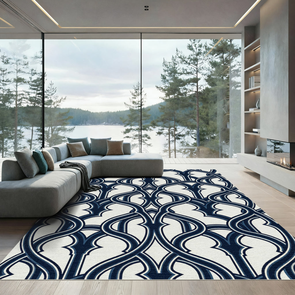 Midnight Blue Interlocking Ornate Swirl Rug