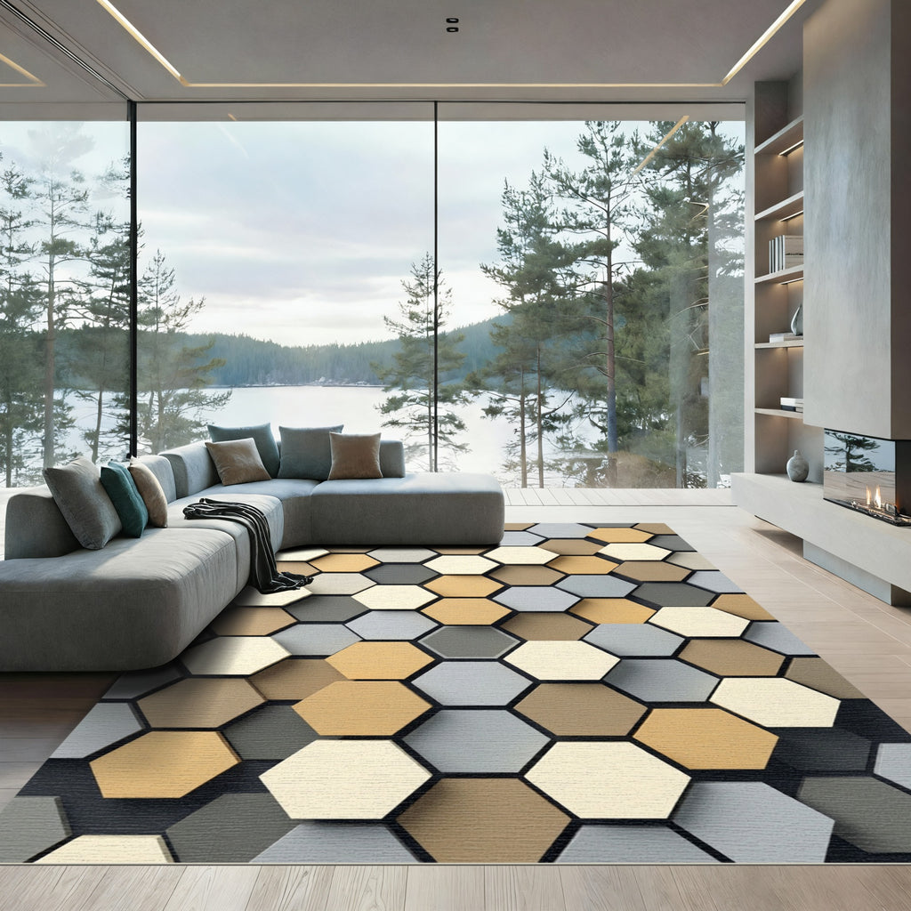 Modern Neutral Earthy Tone Hexagon Rug