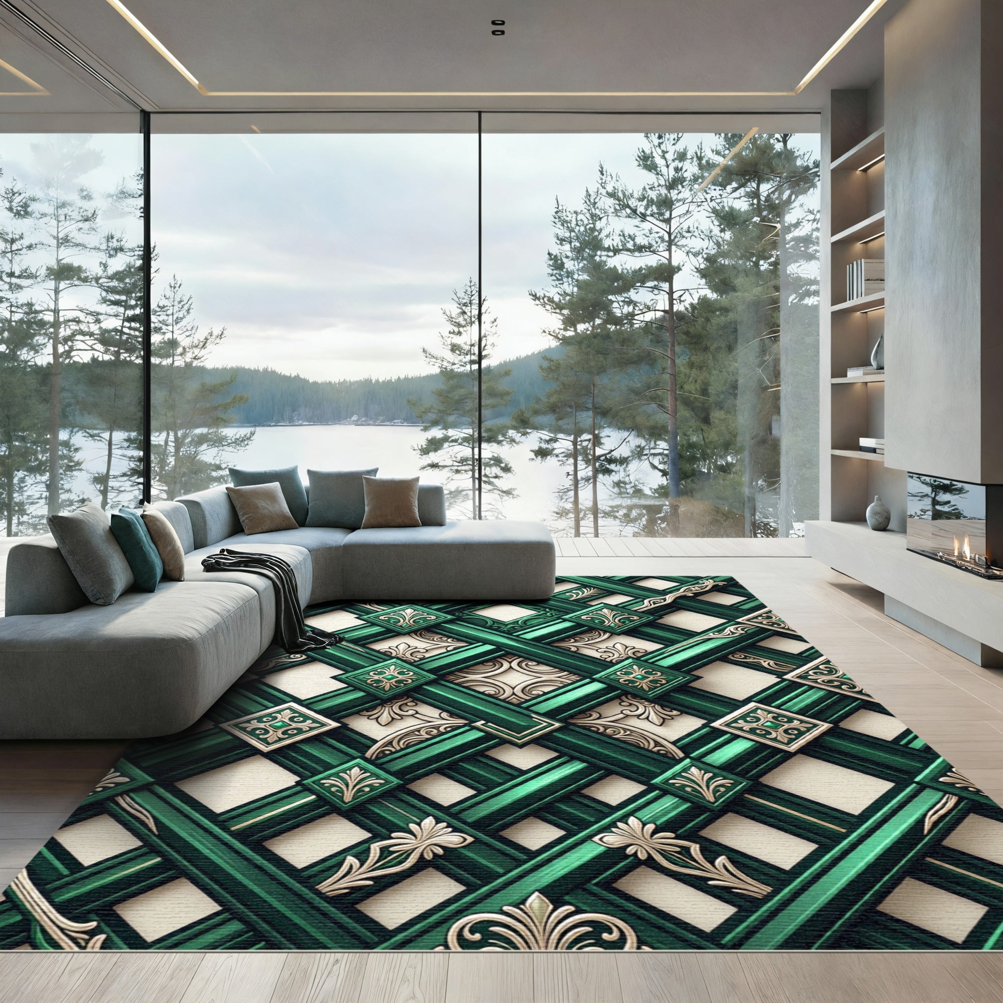Emerald Green Interlocking Lattice Medallion Rug