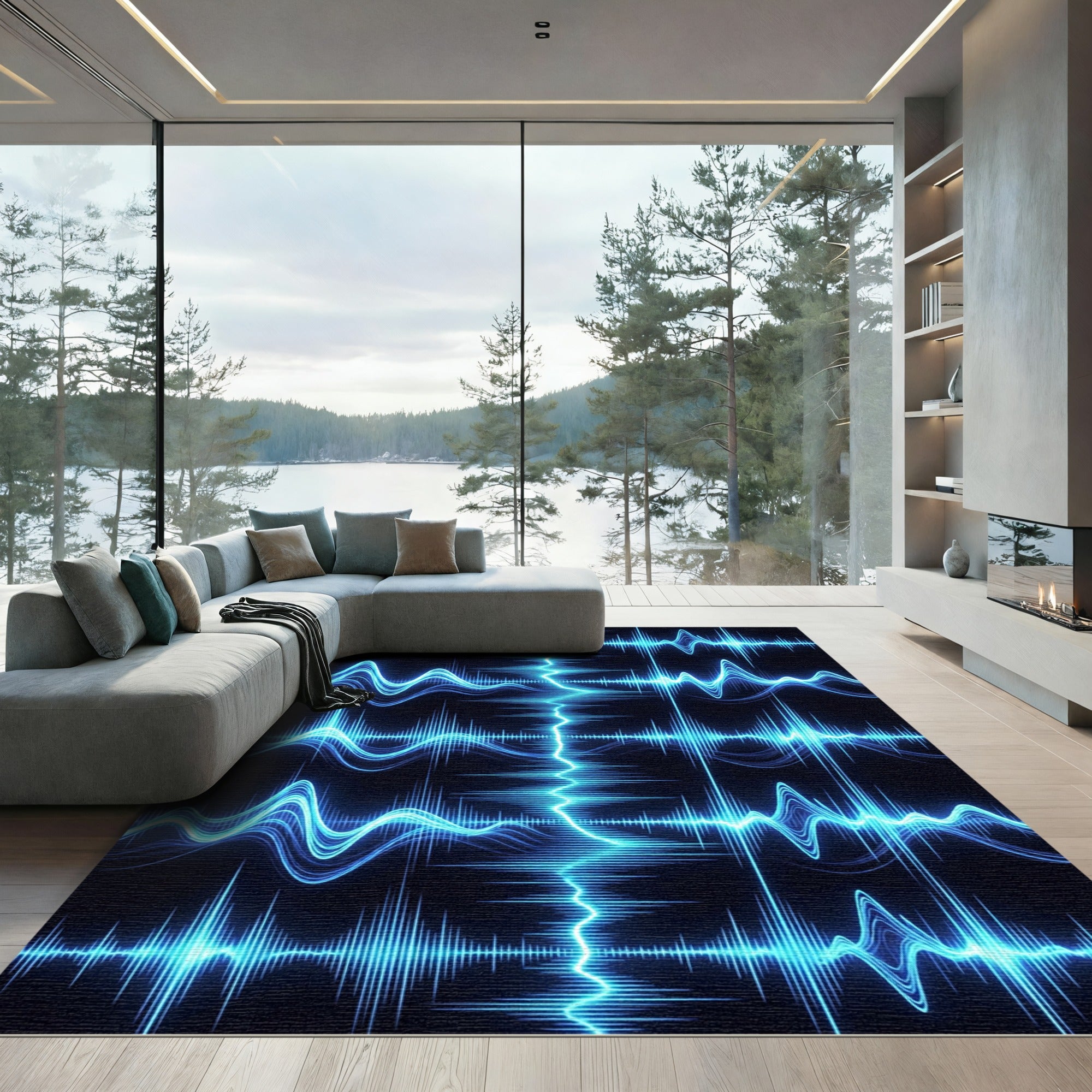 Electric Blue Sound Wave Rhythms Rug