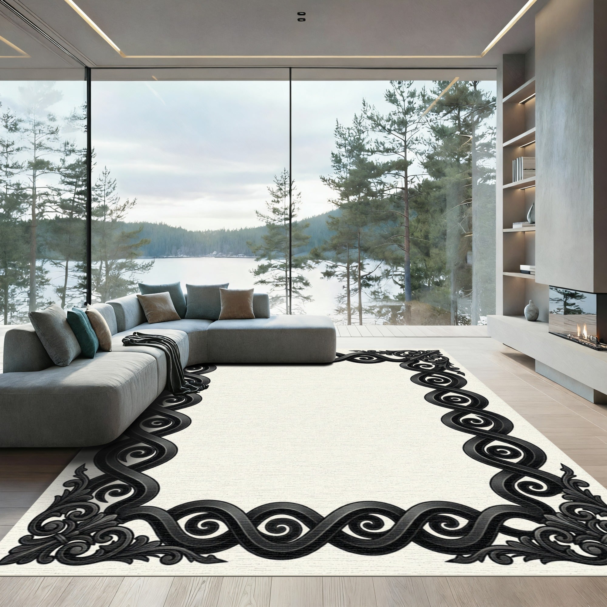 Elegant Black Ornate Scrollwork Frame Rug
