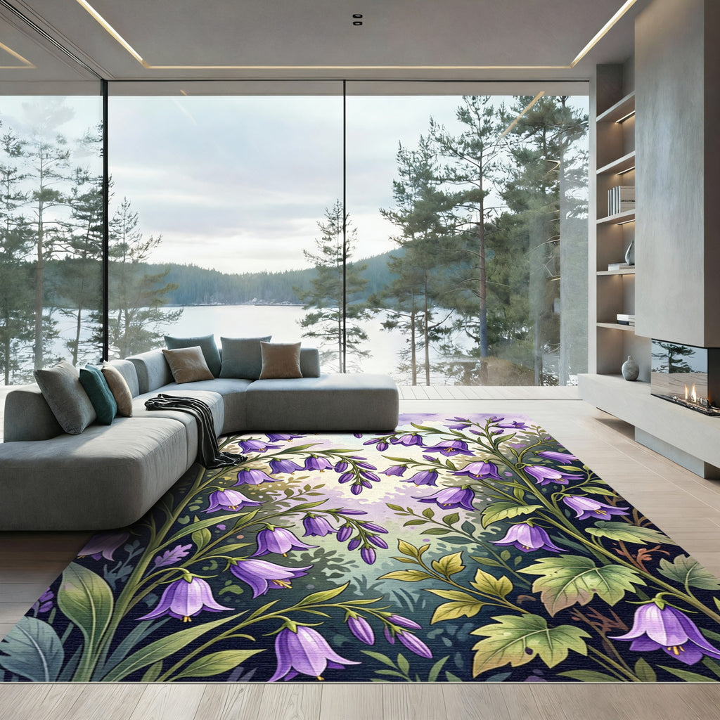 Lavender Bellflower Meadow Botanical Illustration Rug