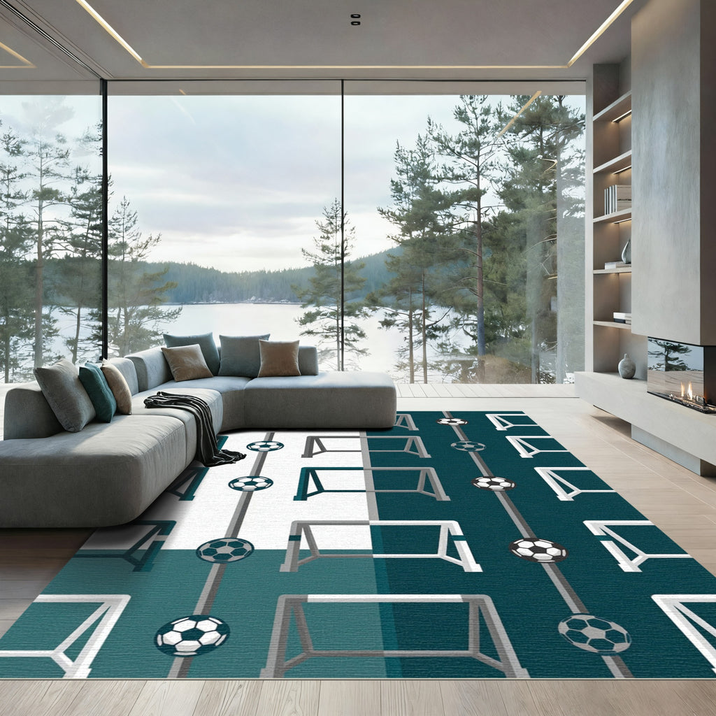 Minimalist Soccer Goal Geometric Teal Gray Rug