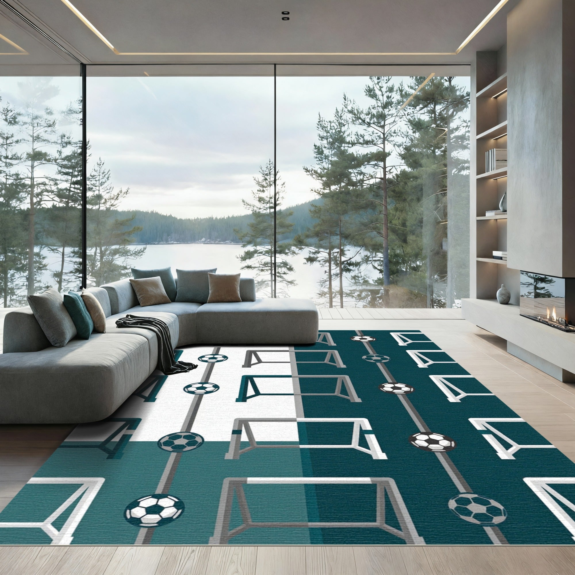 Minimalist Soccer Goal Geometric Teal Gray Rug