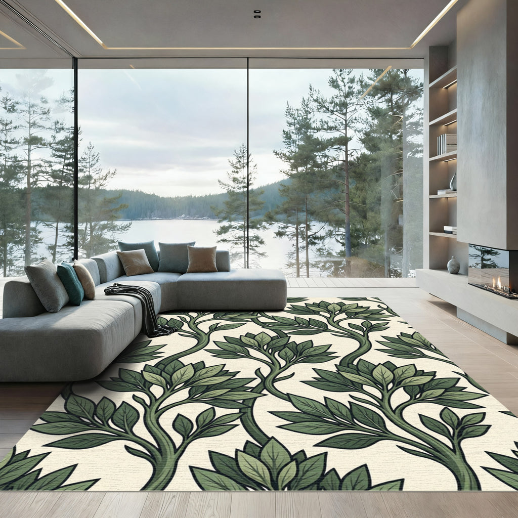 Elegant Forest Green Botanical Foliage Rug