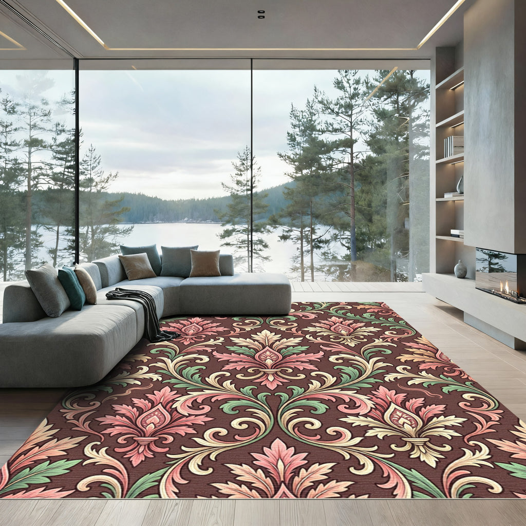 Ornate Floral Scrollwork Brown Rug