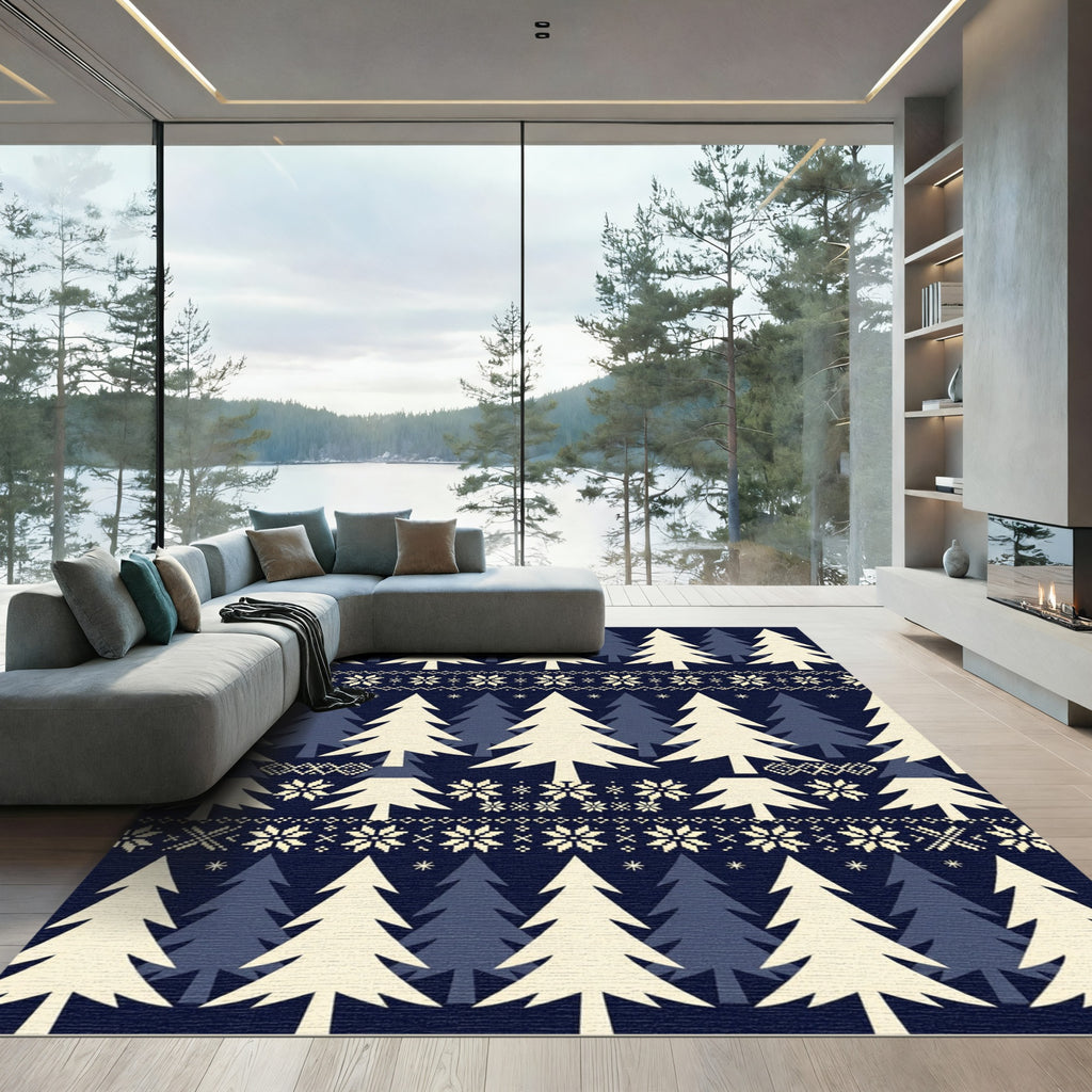 Navy Cream Festive Woodland Christmas Tree Rug