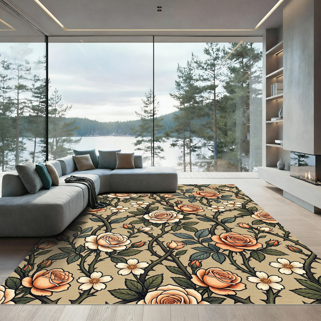 Cream Peach Rose Vine Silhouette Rug