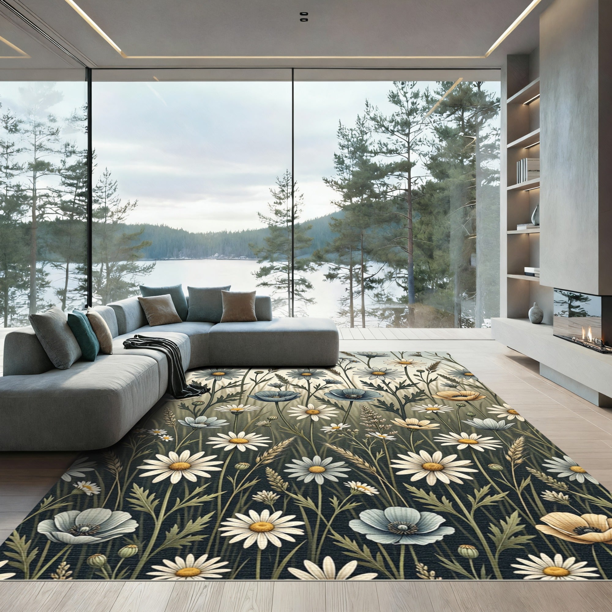 Wildflower Meadow with Cream Daisy Blooms Rug