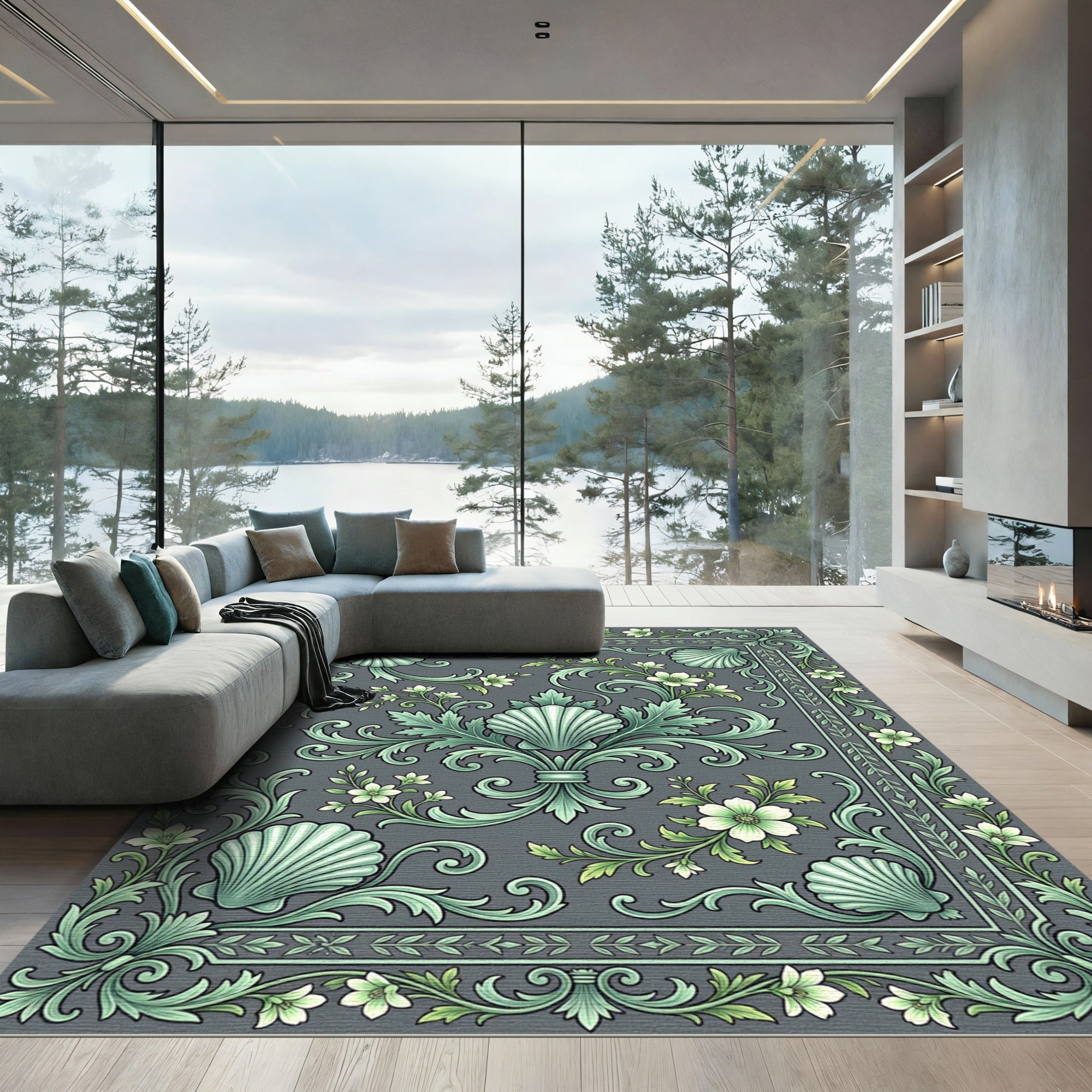 Green Seashell Floral Scrollwork Adornment Rug