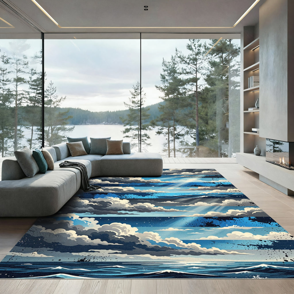 Dramatic Blue Cloud and Seascape Rug