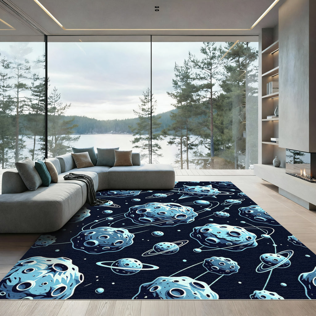 Cosmic Blue Asteroid Galaxy Orbit Rug